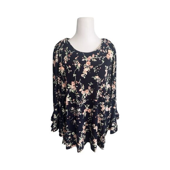 Karl Lagerfeld Paris Woman’s Navy Ruffle Sleeve Floral XL Blouse Boho - Picture 1 of 5